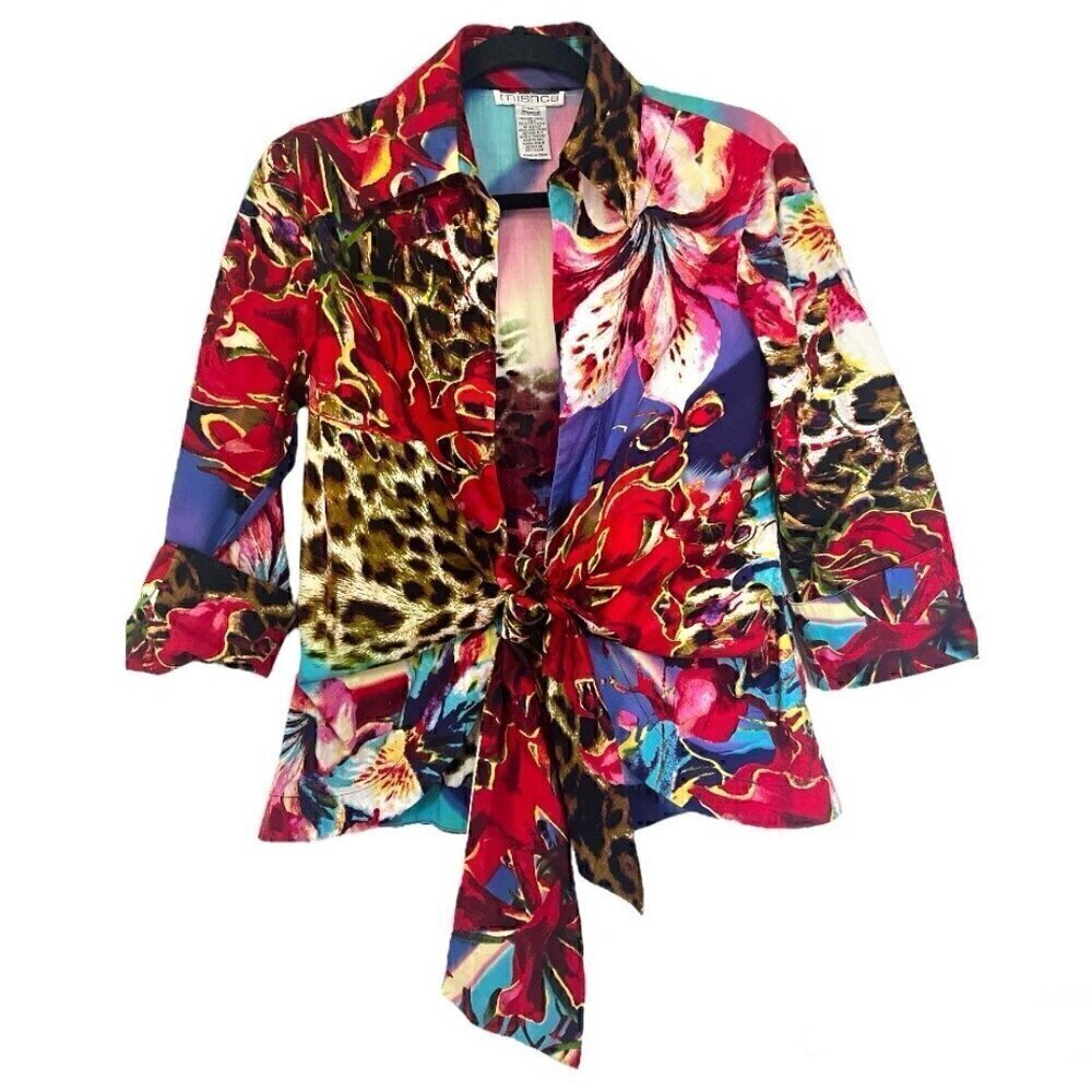 Mishca Tie Front Women's Blouse Vibrant Colors Multi Patterned Top Size Medium